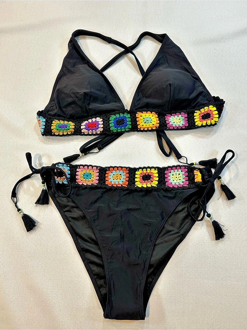 NWT ZAFUL Black Crochet Granny Square Bikini Set 2XL